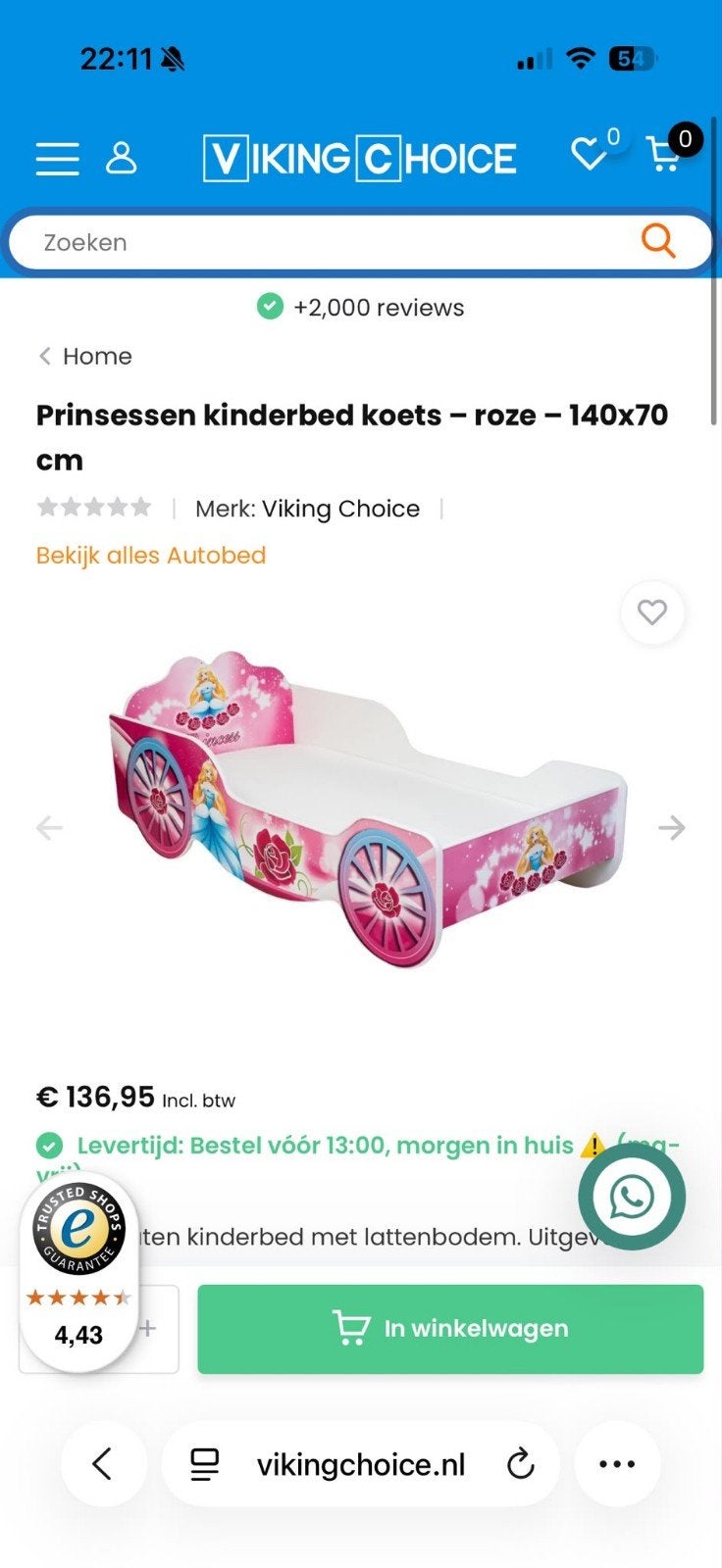 Prinsessen bed, Kinderen en Baby's, Kinderkamer | Bedden, Ophalen, 140 tot 160 cm, 70 tot 85 cm