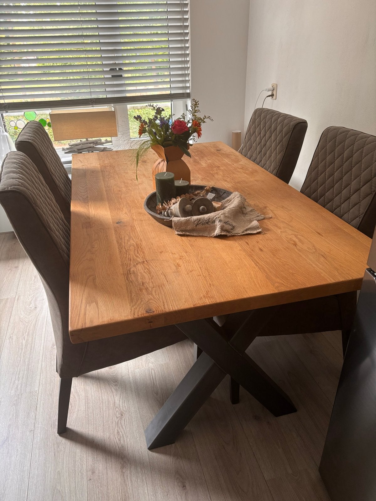 Eikenhouten eettafel 160x90 + 4 stoelen, Ophalen, Gebruikt, Eikenhout, 50 tot 100 cm