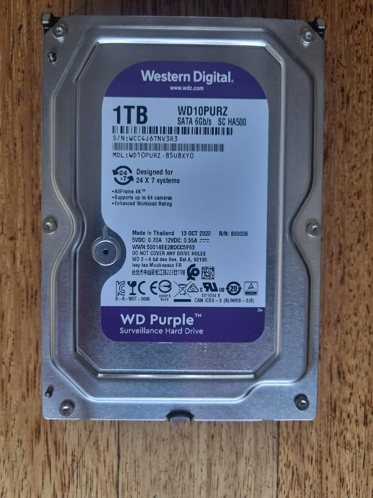 1 TB harde schijf van WD, Western Digital Purple, Ophalen, Intern, Western Digital (WD), Zo goed als nieuw