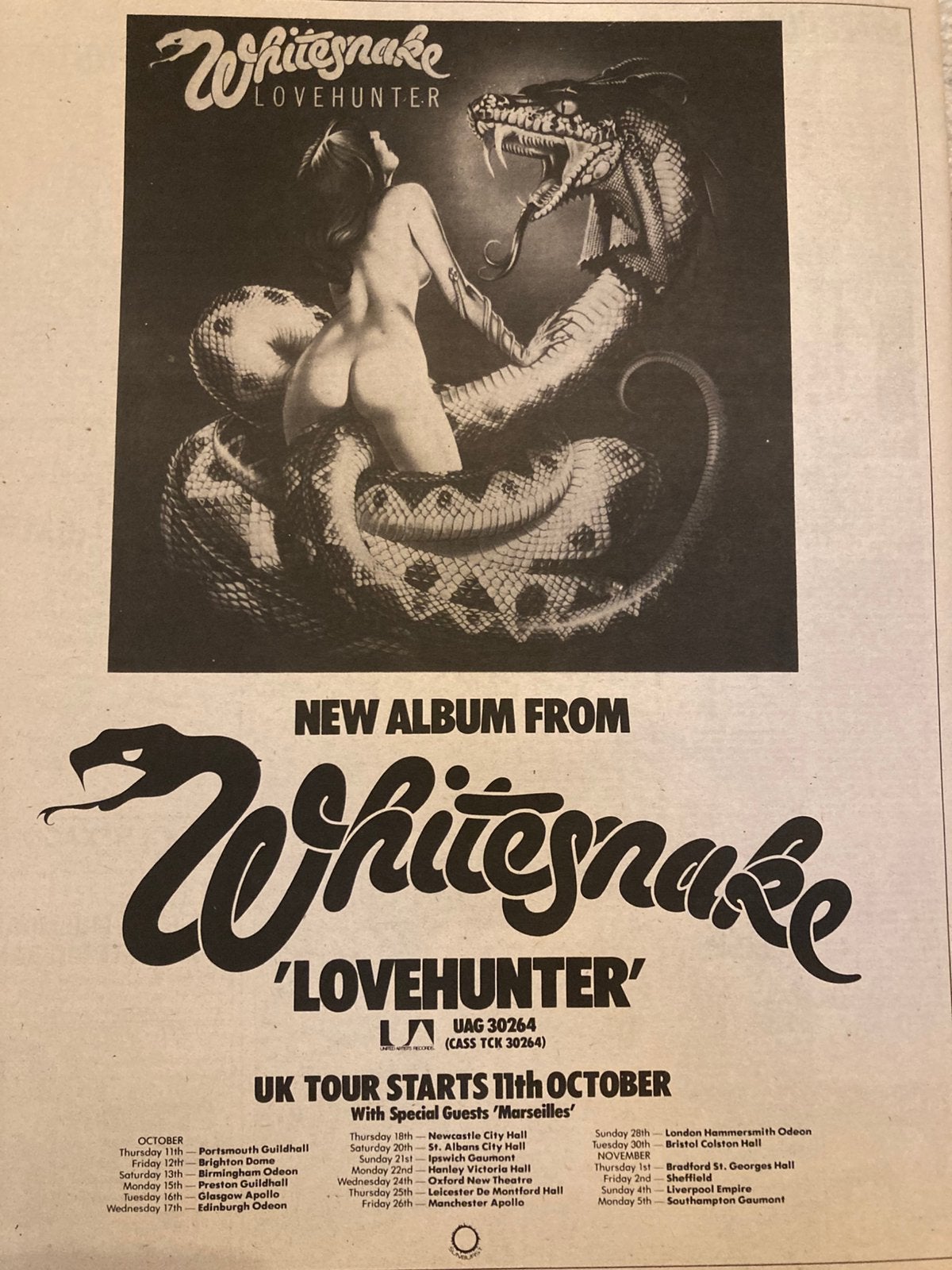 Paginagrote A3 advertentie WHITESNAKE Lovehunter tour, Ophalen of Verzenden, Zo goed als nieuw, A1 t/m A3
