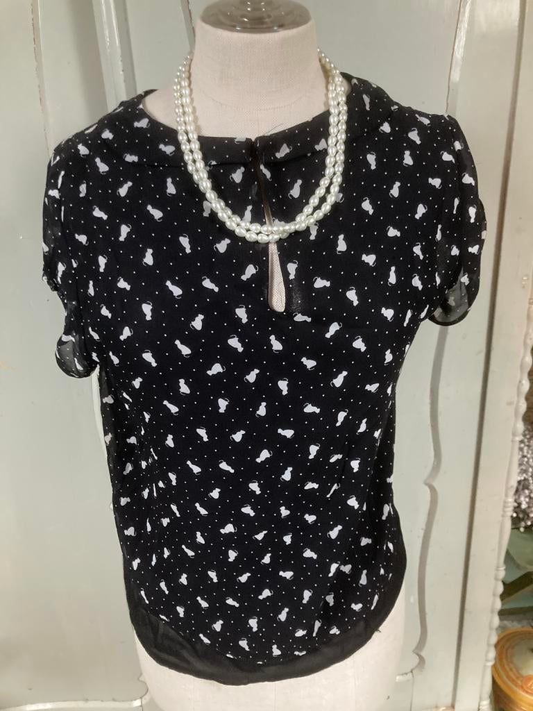 Blouse met poezen maat 38, Maat 38/40 (M), G, Zwart, G