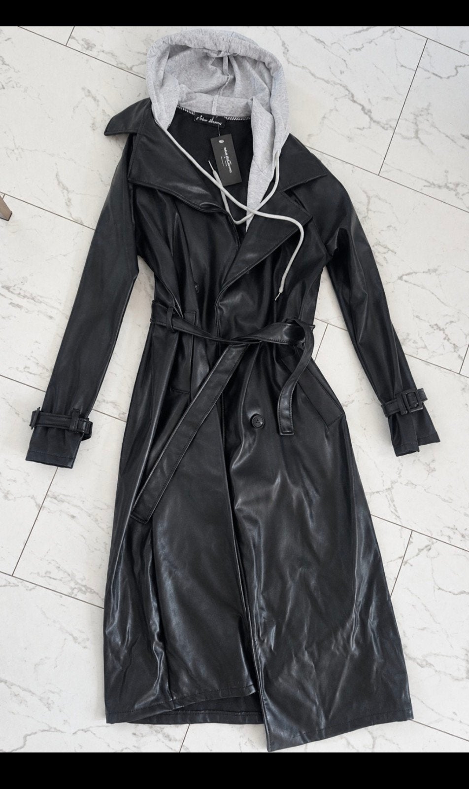 Lange zwarte leren trenchcoat met capuchon, Maat 38/40 (M), Zwart, Nieuw, Ophalen of Verzenden
