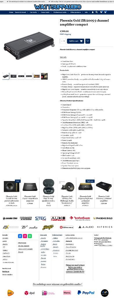 Phoenix Gold ZR12005 5 kanaals versterker, Auto diversen, Autospeakers, Hifi-Focus, Aalsmeerderweg 173 1432 CL, Aalsmeer, Nieuw