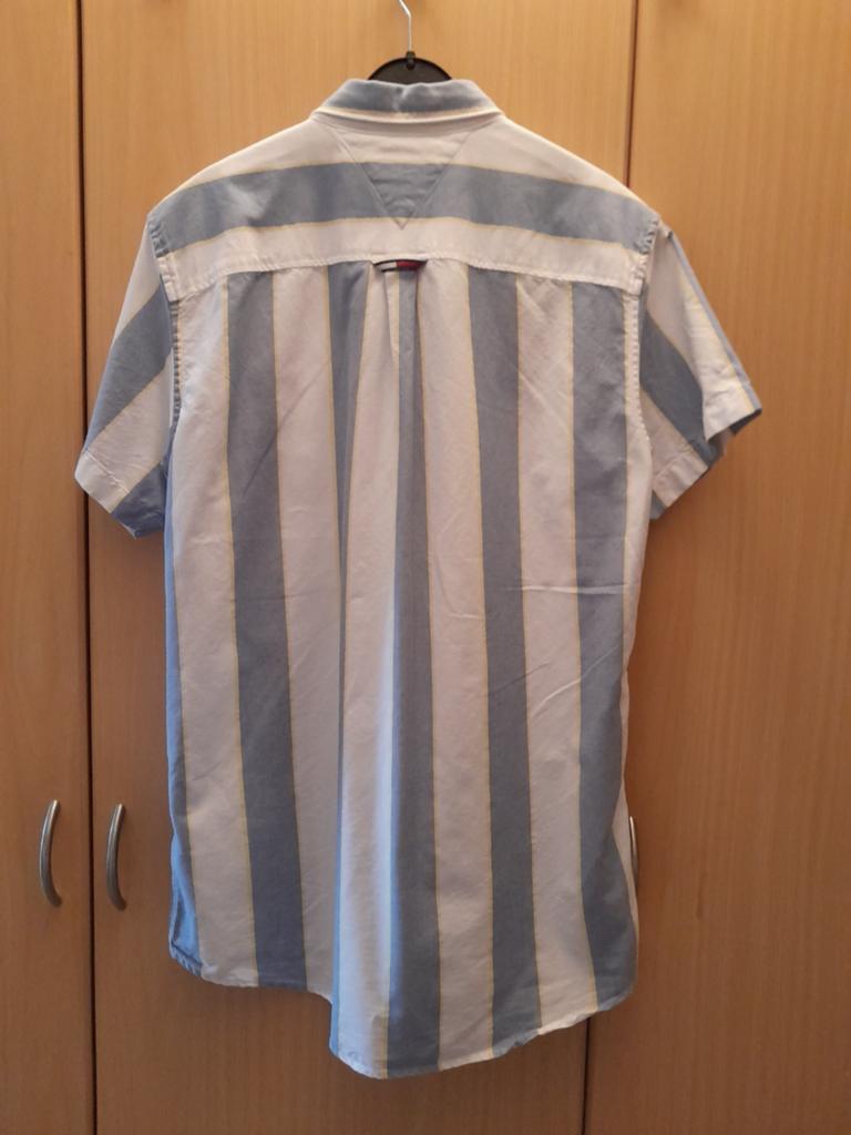 Tommy Jeans gestreept overhemd Regular Fit maat kleine L., Kleding | Heren, Blauw, Ophalen of Verzenden, Zo goed als nieuw, Halswijdte 41/42 (L)
