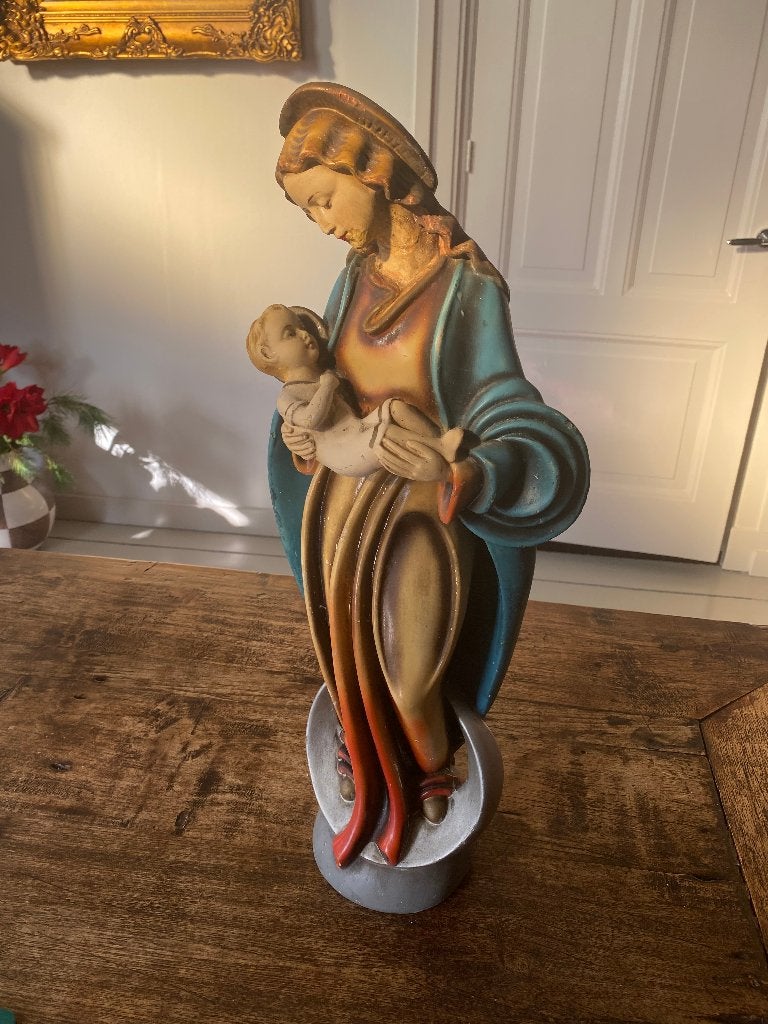 Brocante groot gipsen beeld van Maria met kind - beschadigd, Antiek en Kunst, Ophalen of Verzenden