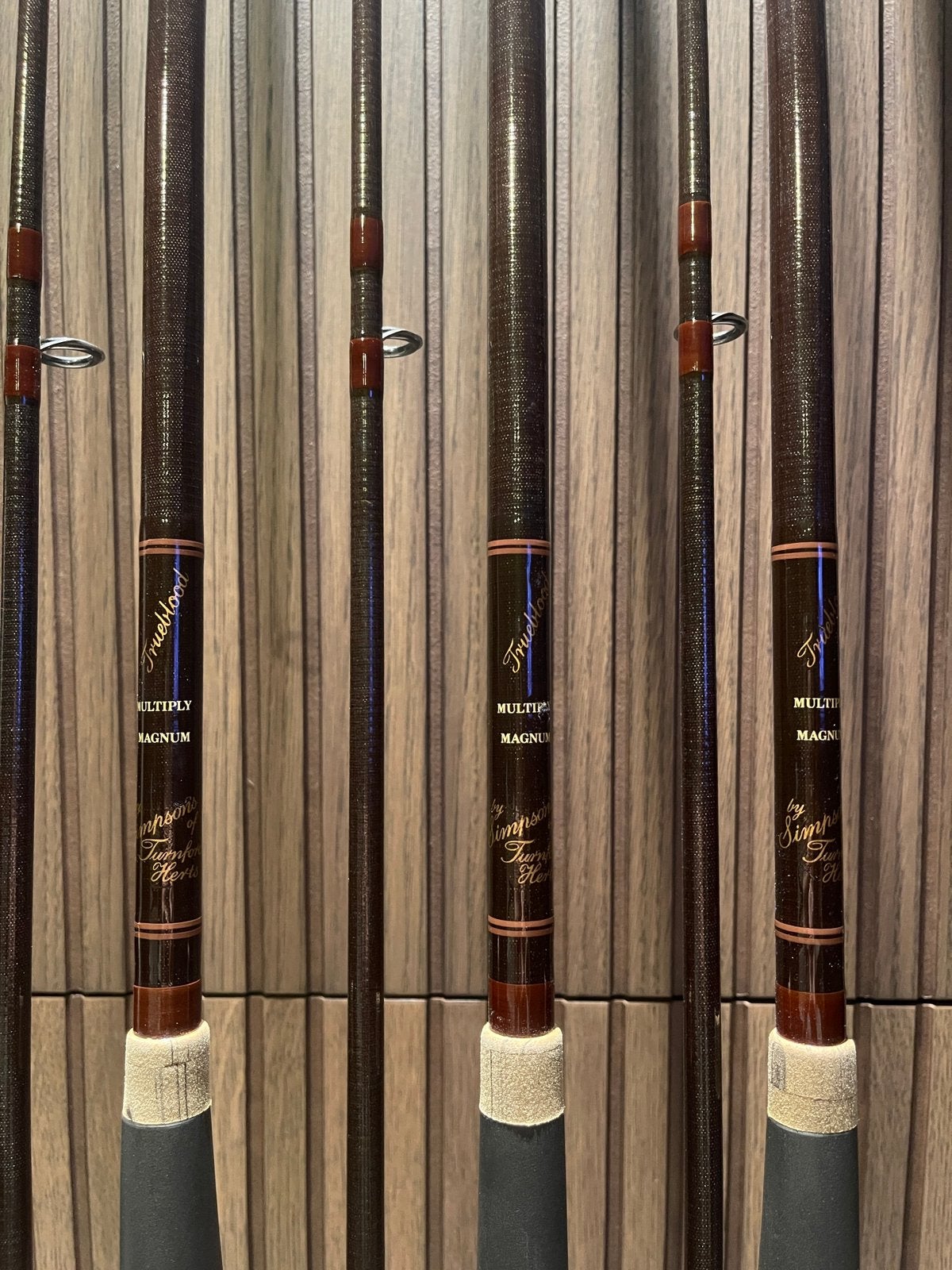 3 x trueblood hengels by simson of turnford Uk, Watersport en Boten, Ophalen of Verzenden, Zo goed als nieuw, Werphengel