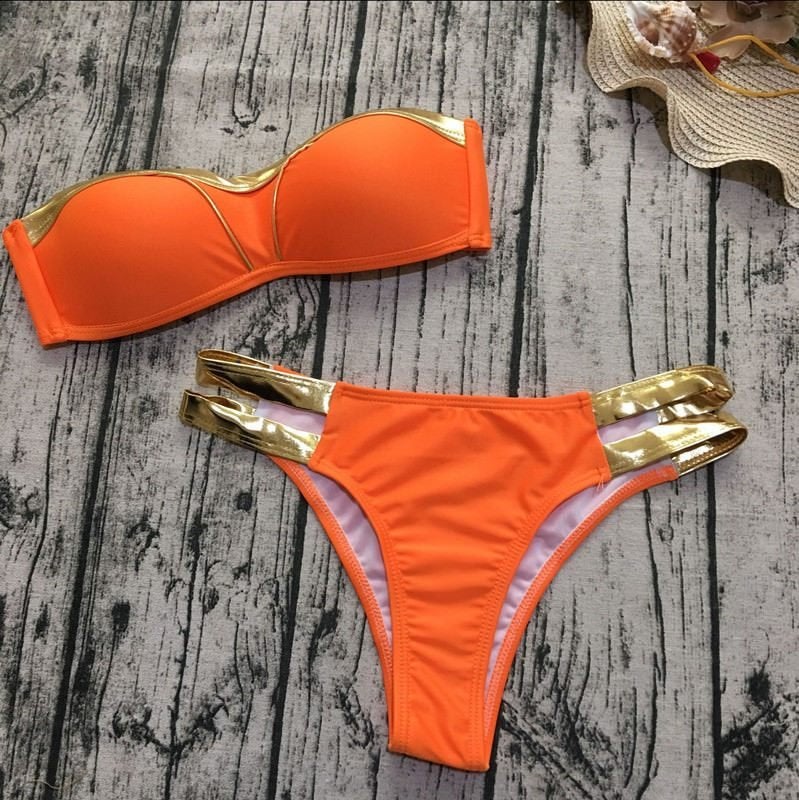 Gouden oranje push up bikini dames brazilian string, Kleding | Dames, Badmode en Zwemkleding, Nieuw, Bikini, Oranje, Verzenden