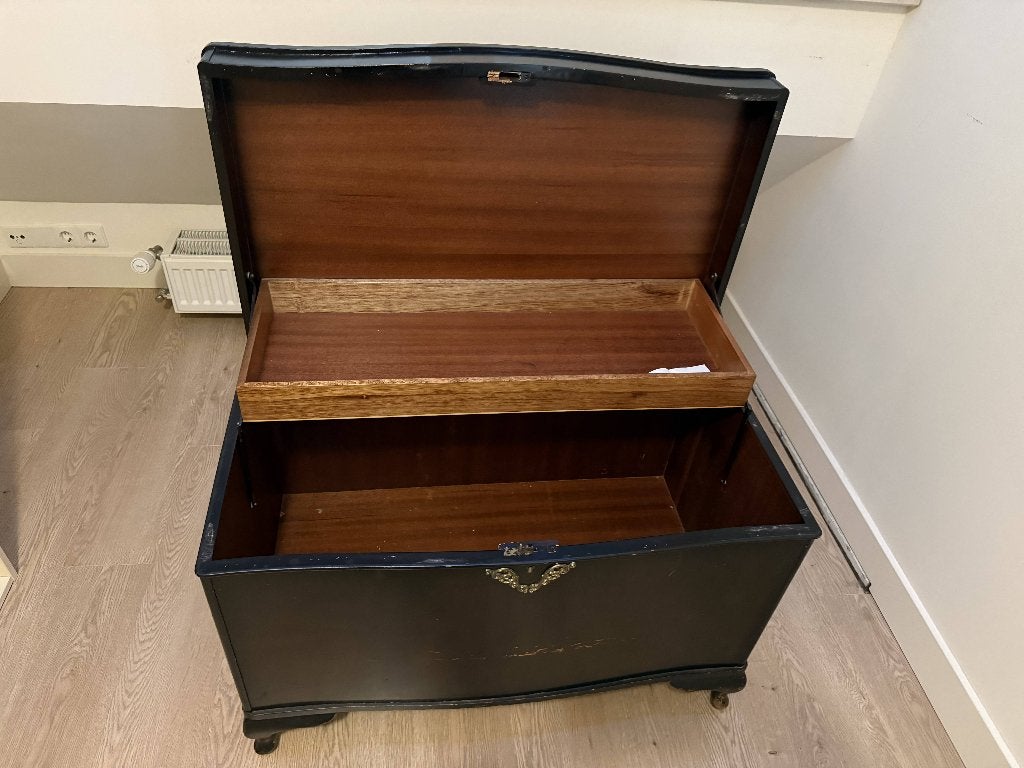 Antieke Zwart Gelakte Dekenkist / Kist — Restauratieproject, Ophalen, Gebruikt, 50 tot 100 cm, Minder dan 50 cm