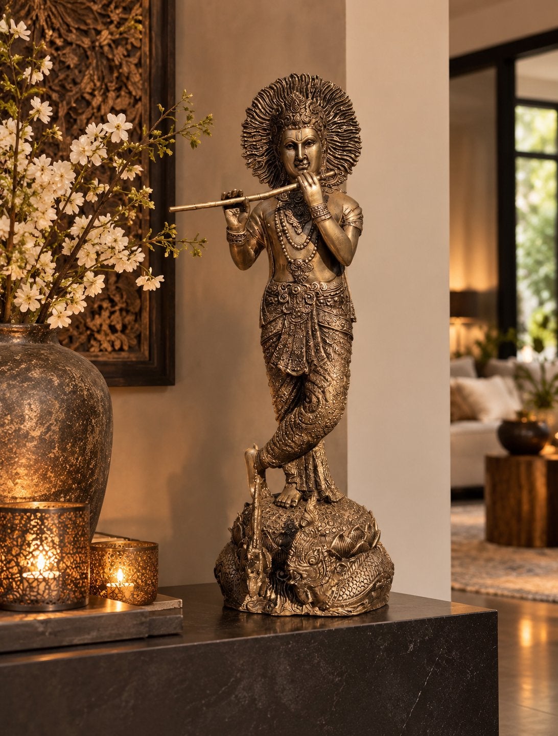 Groot Krishna beeld met fluit – 52 cm hoog – 6,6 kg, India, Ophalen of Verzenden, Versierd, Brons