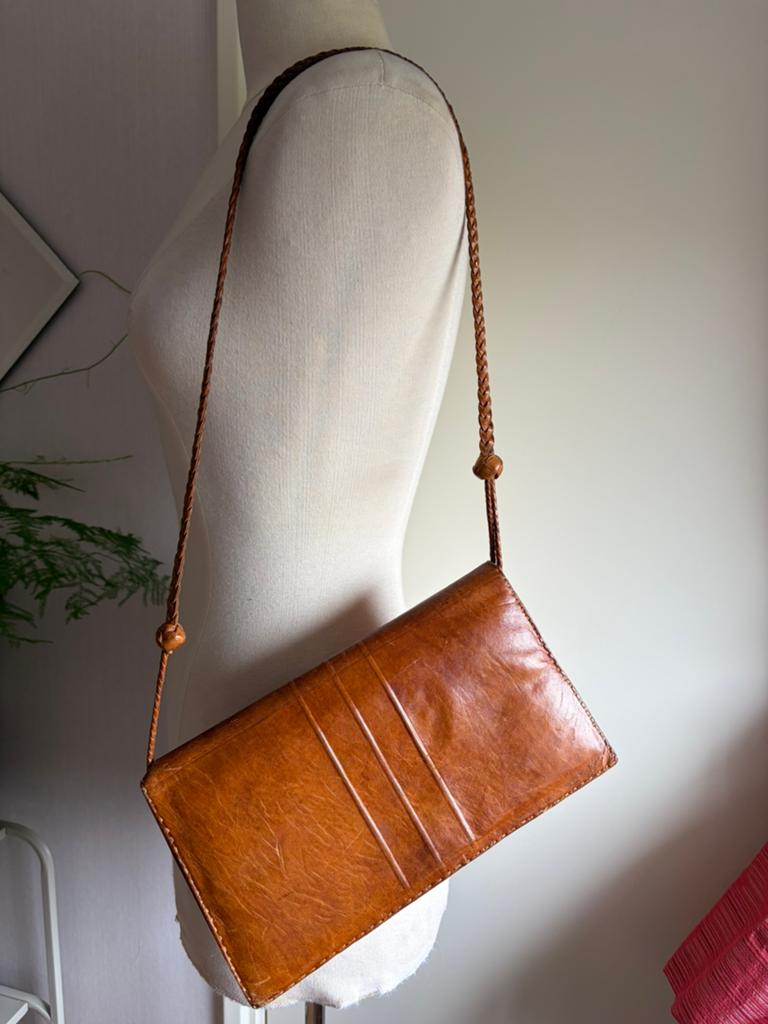 70’s Vintage Boho leren tas clutch, Ophalen of Verzenden, Gebruikt, Bruin, Schoudertasje