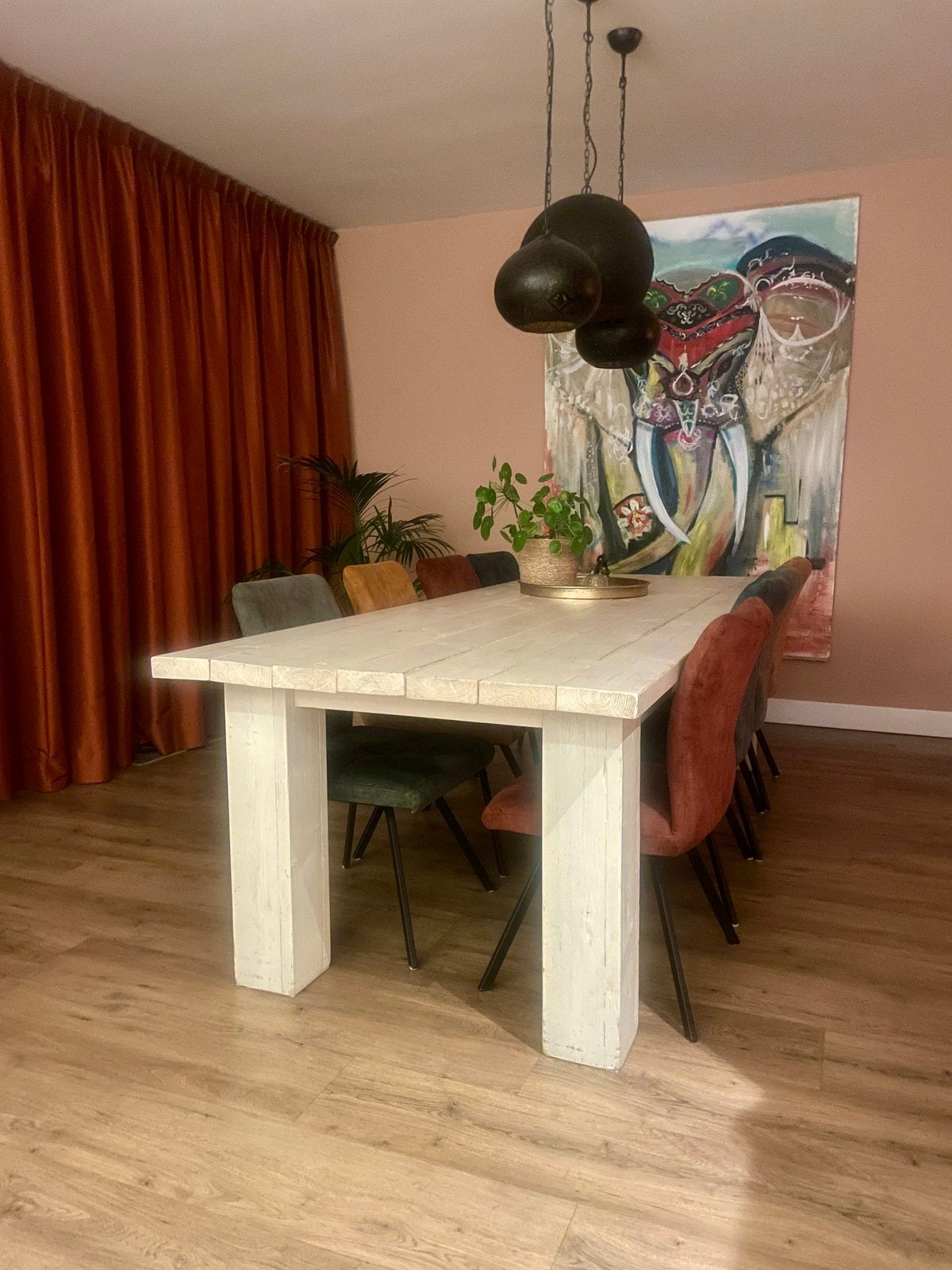 Robuuste witte houten eetkamertafel - 270, Huis en Inrichting, Ophalen, 100 tot 150 cm, 200 cm of meer, Zo goed als nieuw