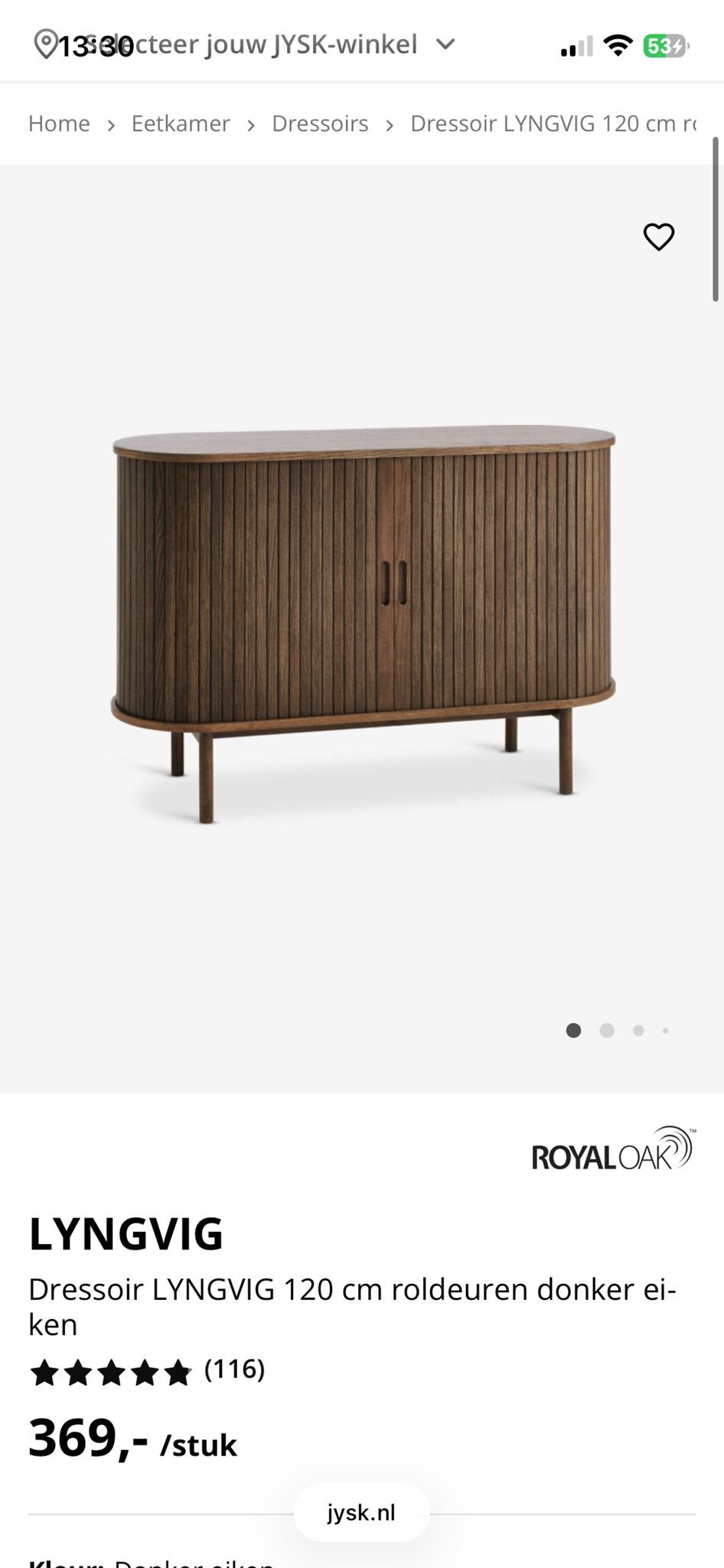Dressoir LYNGVIG 120 cm roldeuren donker eiken, Ophalen, 100 tot 150 cm, Eikenhout, Zo goed als nieuw