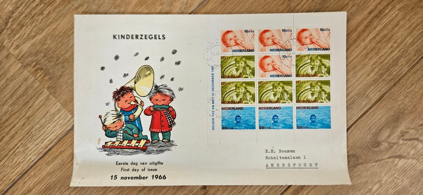 FDC kinderpostzegels blok 1966 met plaatfout UNIEK, Verzenden, Na 1940, Gestempeld
