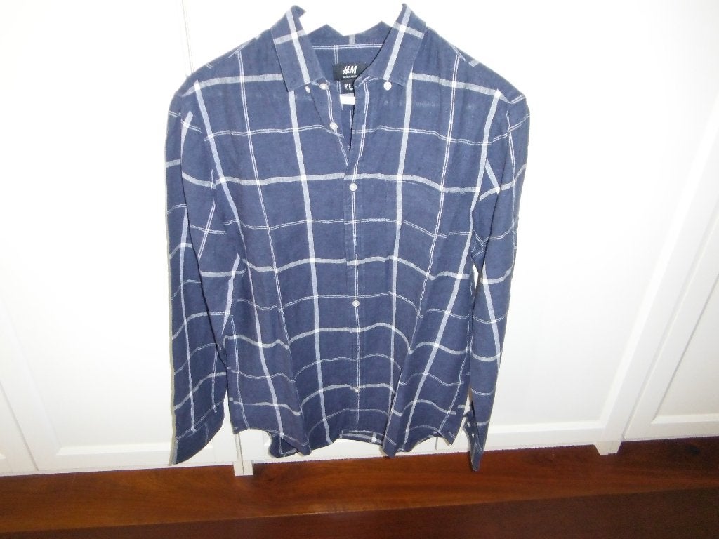 zgan linnenmix blauw geruit overhemd , mt M , H & M, Halswijdte 39/40 (M), Zo goed als nieuw, H&M, Verzenden
