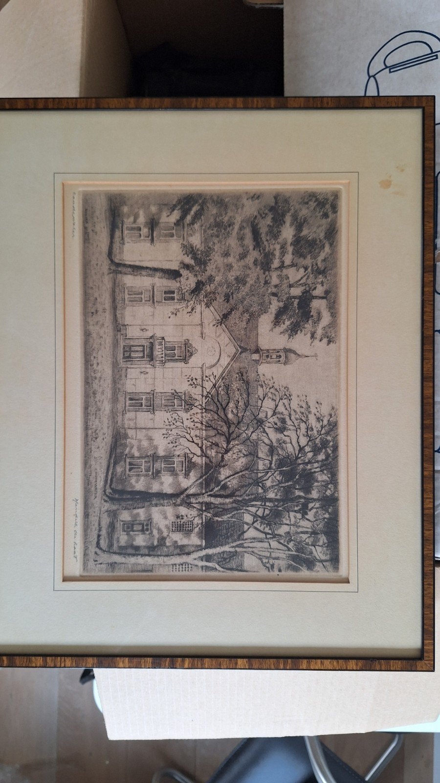 Mooie ingelijste ets/tekening Coudewater–Hendrik de Laat, Ingelijst, Ets, Stadsgezicht, Ophalen of Verzenden