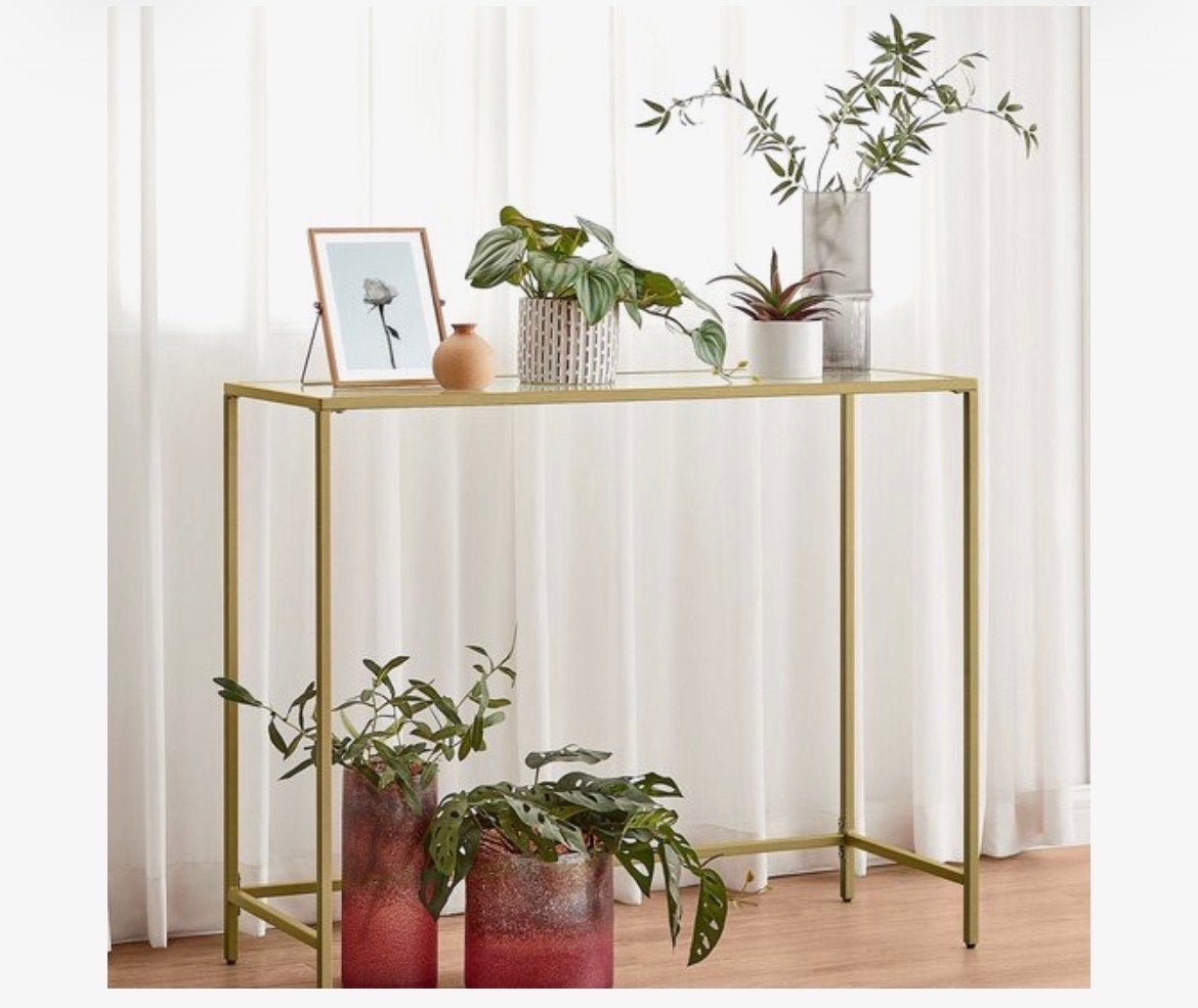 Gouden Console Tafel met Glazen Blad - 100x20x80 cm, Huis en Inrichting, Ophalen, 100 tot 150 cm, 50 tot 100 cm, Glas