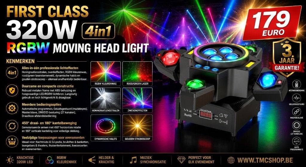 Nieuwe First Class 320W 4in1 RGBW Moving Head Light, Muziek en Instrumenten, Ophalen of Verzenden, Nieuw, Licht, Geluidgestuurd