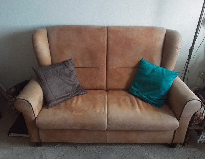 Comfortabele 2-zitsbank in beige stof, Ophalen, Gebruikt, 150 tot 200 cm, Tweepersoons