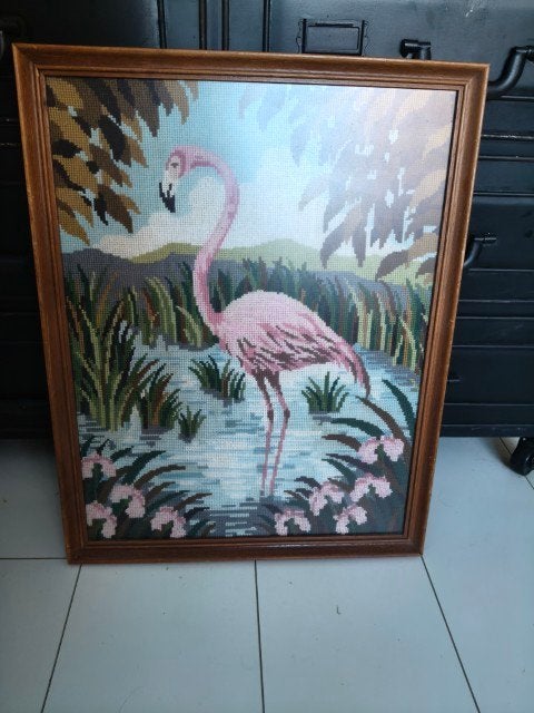 Vintage geborduurd schilderij flamingo, 50 – 75, Minder dan 50 cm, Gebruikt, Overige typen