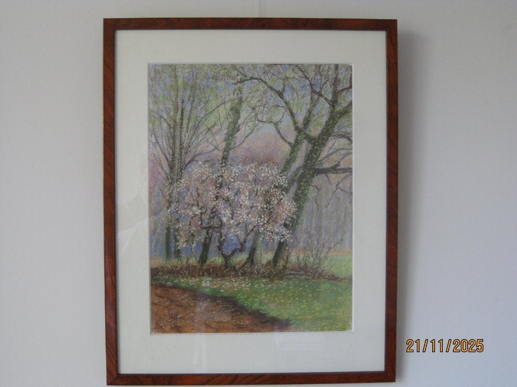 Krijttekening in notenhoutenlijst - Y. Blanksma, Ophalen of Verzenden, Tekening, Krijttekening, Handgemaakt