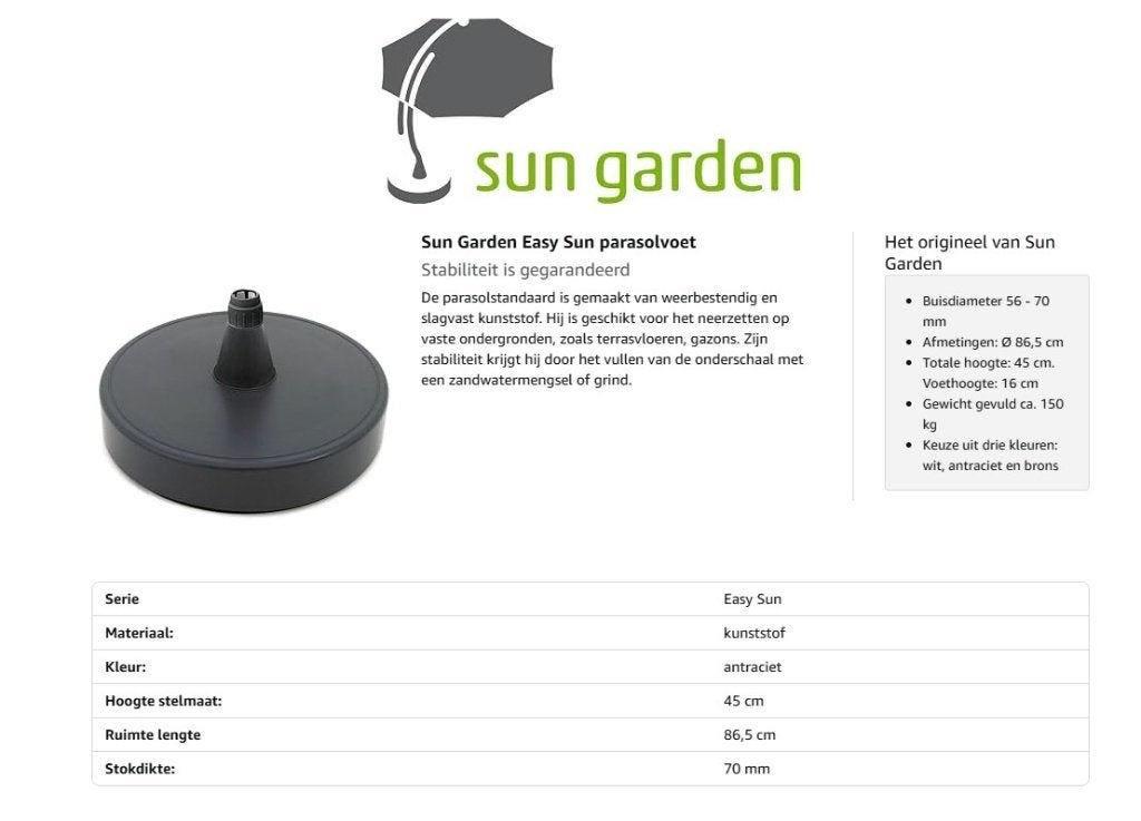 Originele sungarden parasolvoet 150 Kg, Ophalen of Verzenden, Nieuw, Minder dan 1 meter, Parasolvoet