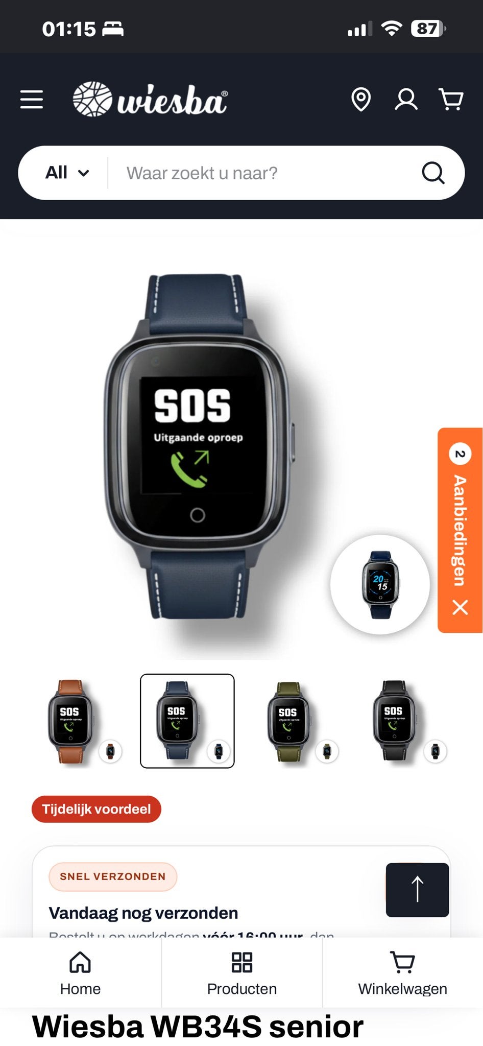 Wiesba WB34S Senior GPS Horloge met SOS & Valdetectie, Zwart, Nieuw, Ophalen of Verzenden, Waterdicht