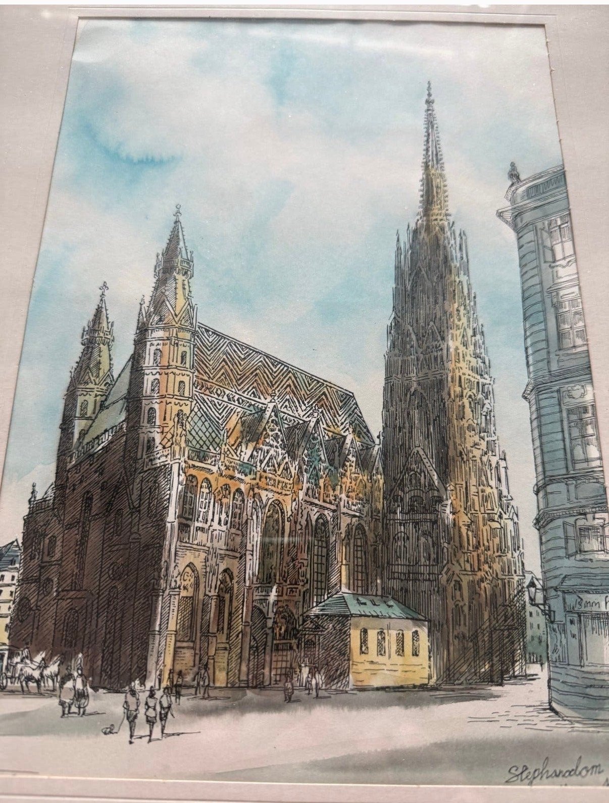 Aquarel Stephansdom Wenen A.D. - Gesigneerd, Ophalen, Tekening, Aquarel, Achter glas