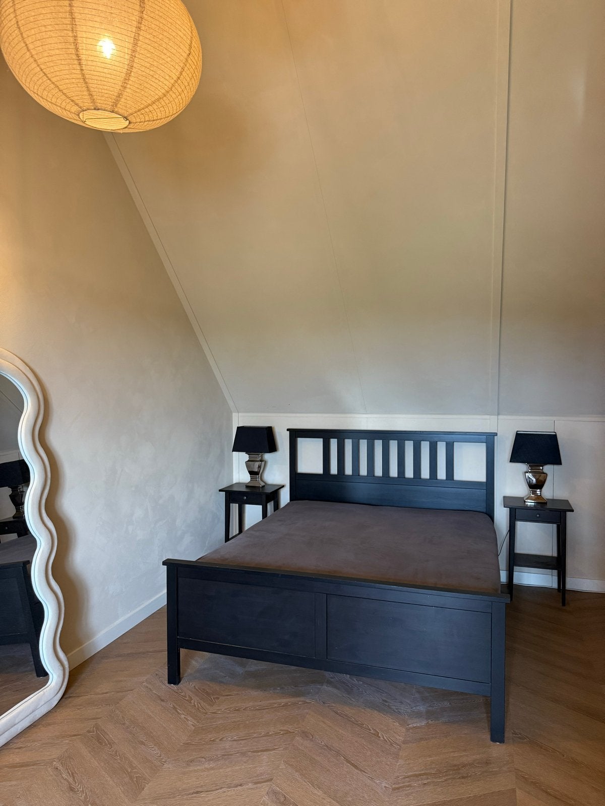 IKEA Tweepersoonsbed 160x200 met nachtkastjes en lampen, Ophalen, Gebruikt, Zwart, Tweepersoons