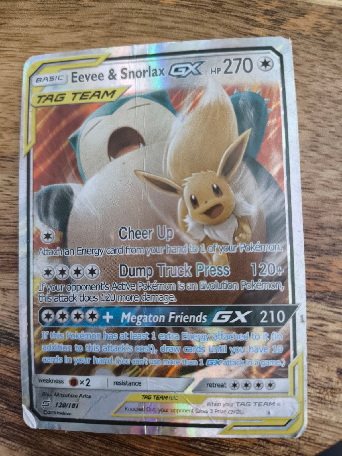 Pokemon kaart Eevee & Snorlax GX TAG TEAM, Ophalen of Verzenden, Gebruikt, Losse kaart, Foil