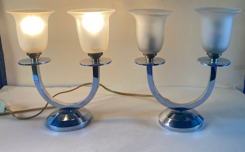 Set van 2 Art Deco tafellampen, chroom en glas, 24 cm hoog, Ophalen of Verzenden