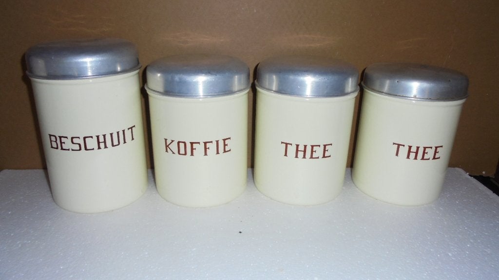 creme emaille beschuit koffie thee en theebussen, Ophalen