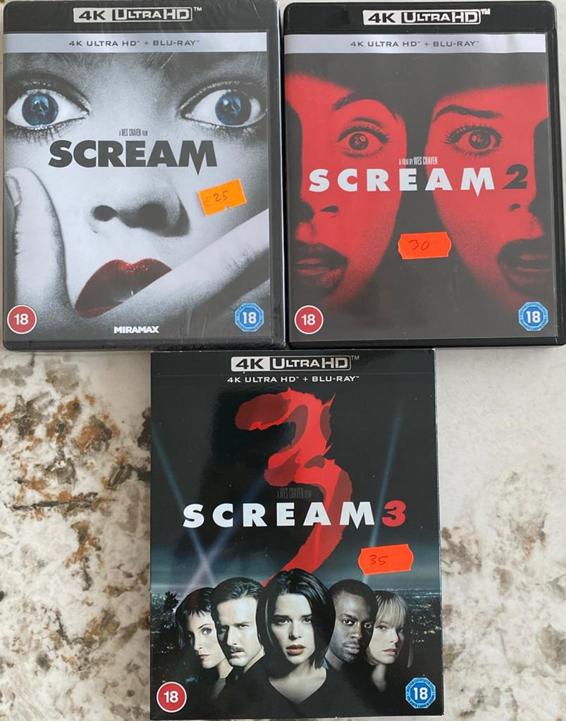 Scream 1 2 3 4K UHD blu ray trilogy NL subs, Ophalen of Verzenden, Zo goed als nieuw, Horror