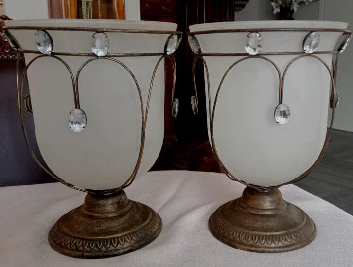 Brocante Windlichten met Brons & Melkglas & Kristallen, Ophalen