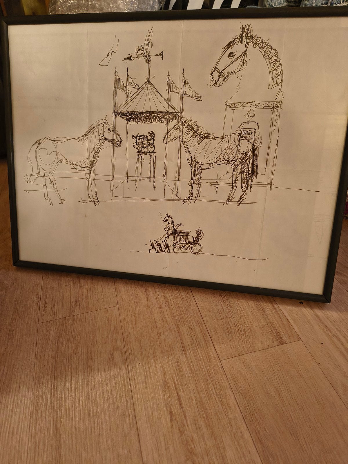 Pentekening op placemat, Goldau Zwitserland 1988, Antiek en Kunst, Verzenden, Tekening, Pentekening, Handgemaakt