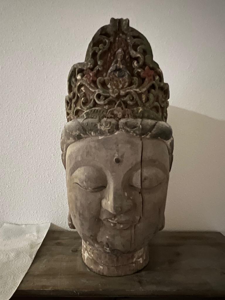 groot houten Budha Boeddha Boeddhabeeld hoofd 75 cm x 40 cm, Huis en Inrichting, Woonaccessoires | Boeddhabeelden, Ophalen, Zo goed als nieuw