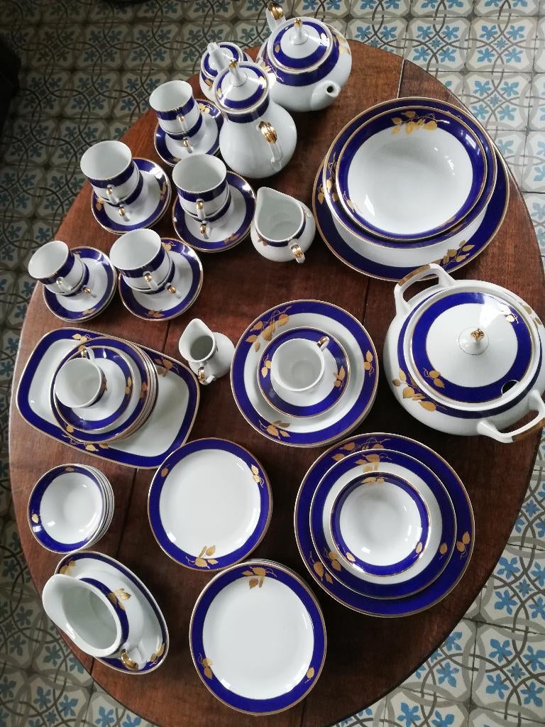 6 pers. ontbijt/diner/dessert/koffie/theeservies kobaltblauw, Ophalen, Zo goed als nieuw, Overige stijlen, Porselein