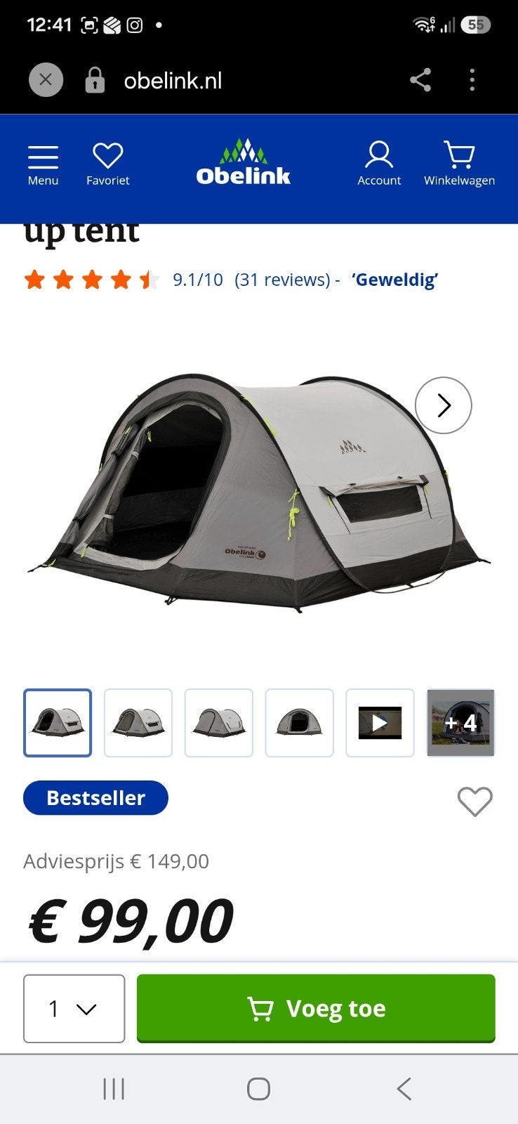 Obelink CoolDark Pop-Up Aero tent, Ophalen, Zo goed als nieuw, Tot en met 3