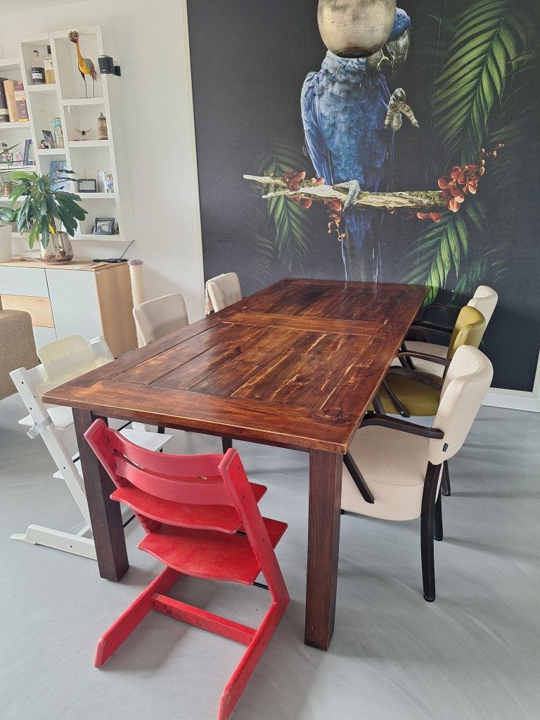 Handgemaakte eetkamertafel van massief hout, Huis en Inrichting, Tafels | Eettafels, Ophalen, Gebruikt, 100 tot 150 cm, Teakhout