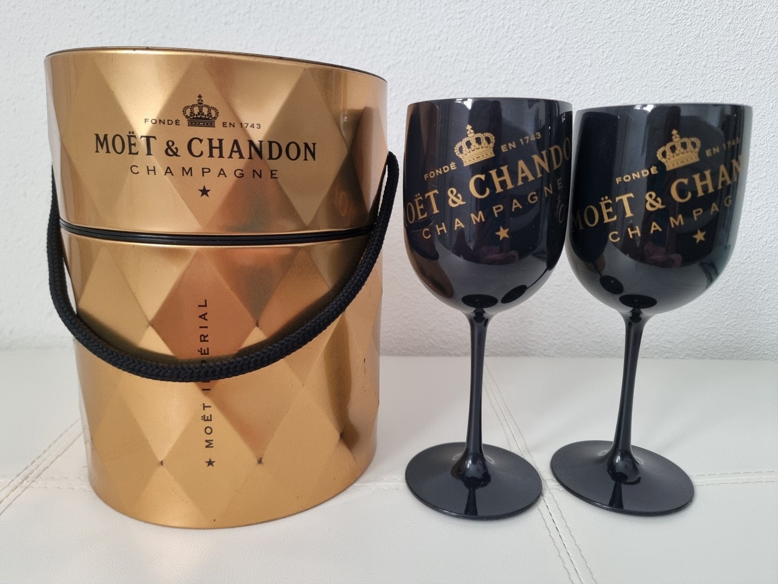 Vintage MOËT & CHANDON Impérial Wijnkoeler + 2 Glazen, Ophalen of Verzenden, Zo goed als nieuw, Frankrijk, Champagne