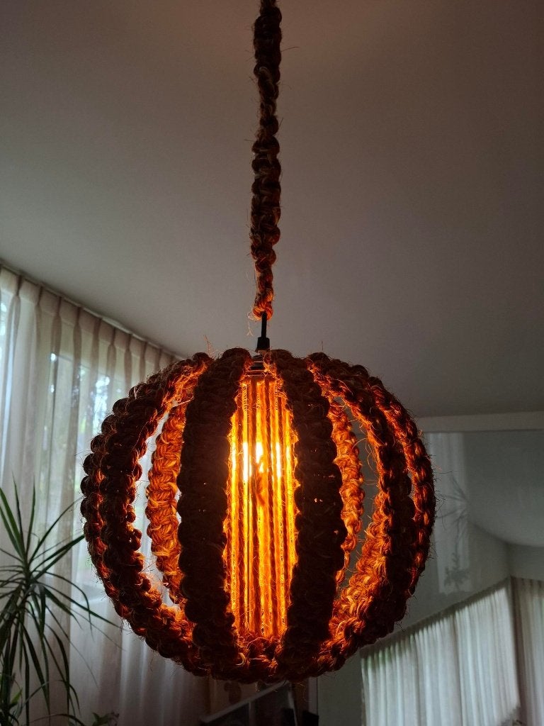 Vintage hanglamp van macrame, Ophalen of Verzenden, Zo goed als nieuw, Stof, Minder dan 50 cm