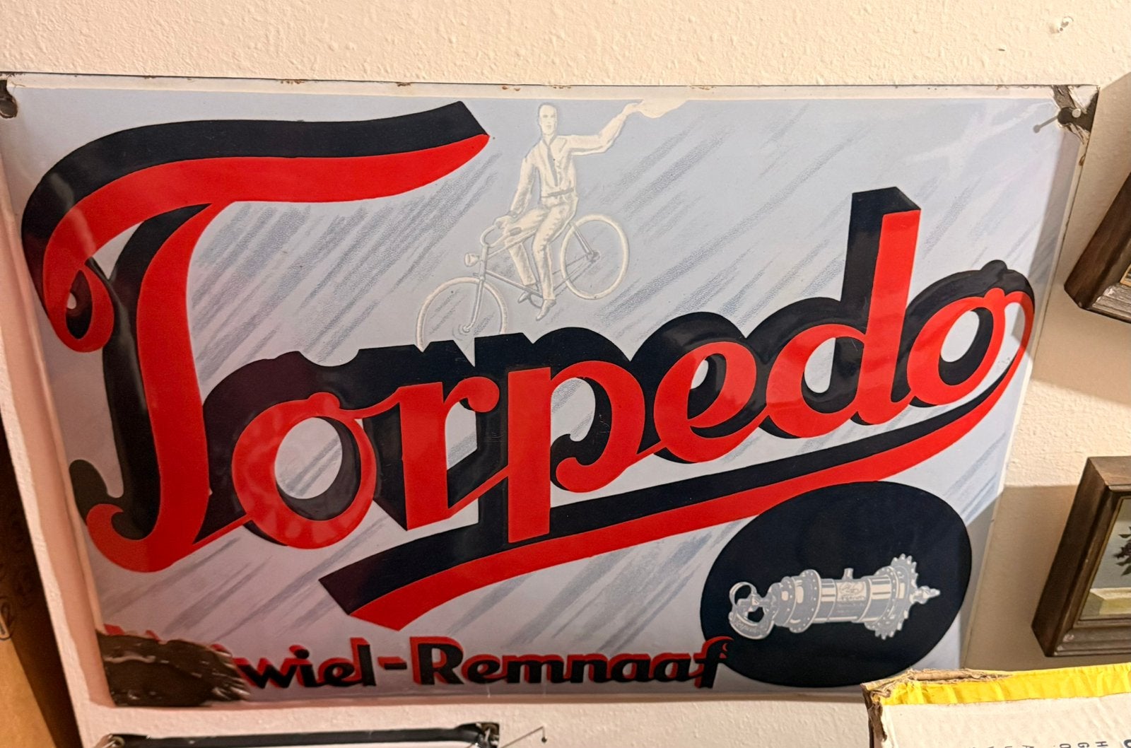 Torpedo rijwielen emaille reclamebord bord reclame fiets, Verzamelen, Ophalen of Verzenden, Zo goed als nieuw, Reclamebord