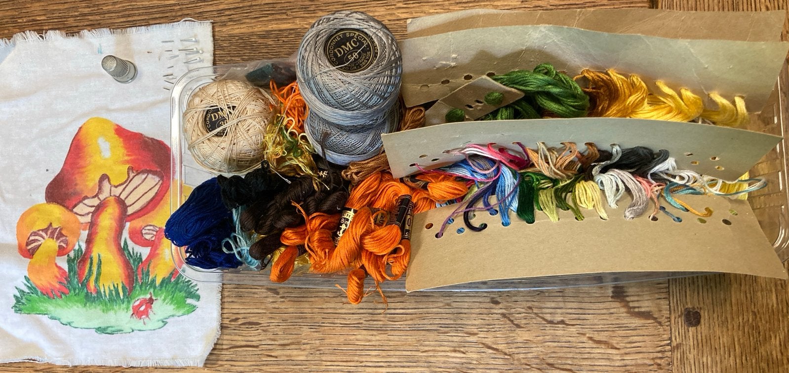Borduurpakket met garen en patroon - Paddenstoelen, Hobby en Vrije tijd, Naaien en Fournituren, Ophalen of Verzenden, Gebruikt