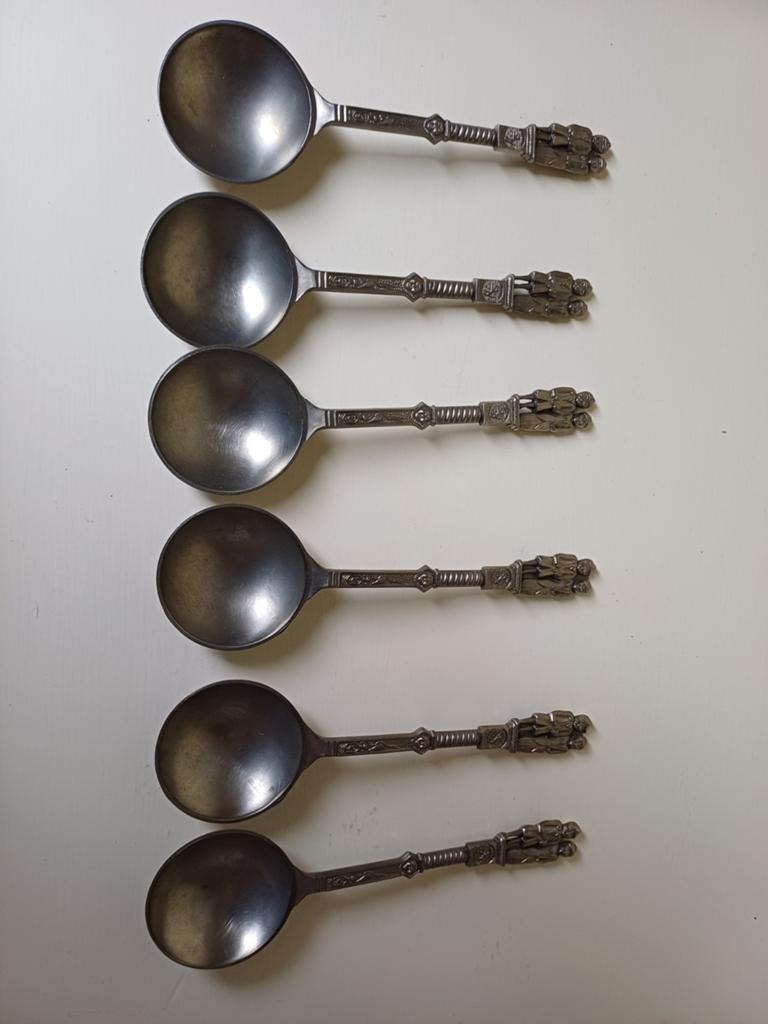 6 tinnen lepels, Ophalen of Verzenden