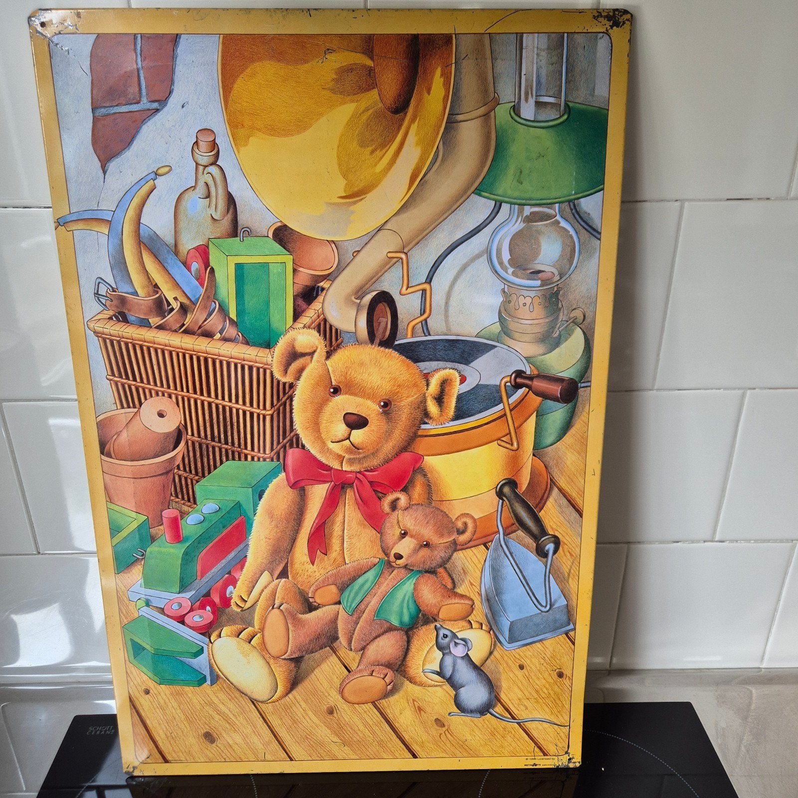 Vintage metalen plaat met teddyberen en speelgoed 59x39cm, Ophalen of Verzenden