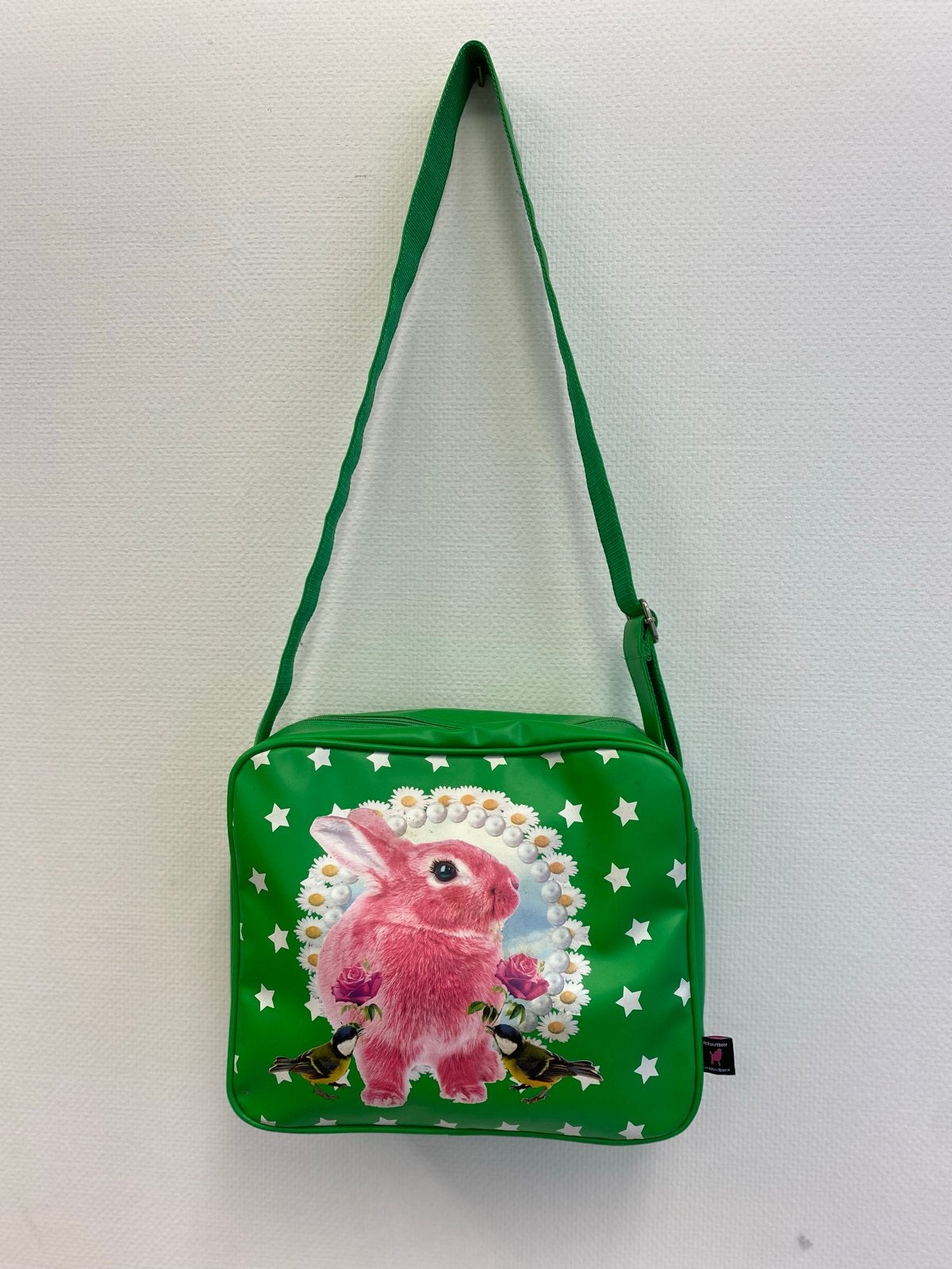 Groene design tas met roze konijn en sterren - de kunstboer, Ophalen of Verzenden, Zo goed als nieuw, Groen, Schoudertasje