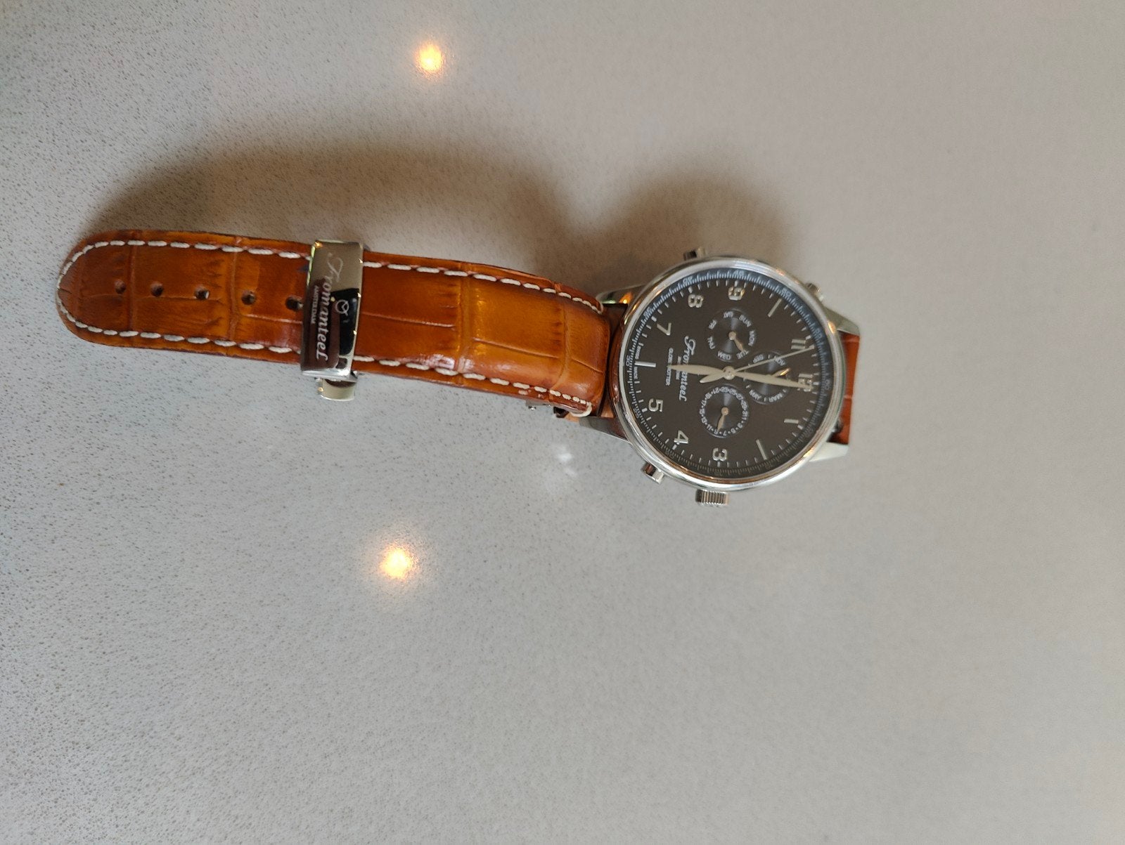 Fraaie Fromanteel Chronograaf Polshorloge met Leren Band, Overige merken, Staal, Polshorloge, 1960 of later