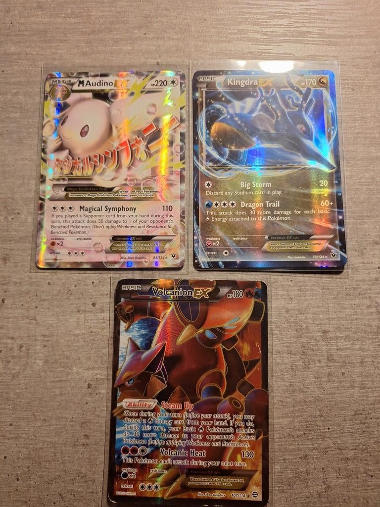 Pokémon Kaarten: Mega Audino EX, Kingdra EX, Volcanion EX, Ophalen of Verzenden, Zo goed als nieuw, Meerdere kaarten, Foil