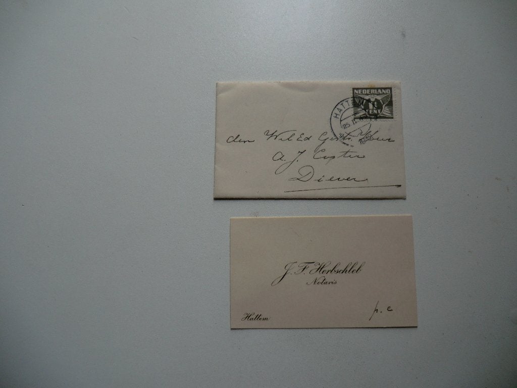 Hattem,Notaris Herbschleb,Diever,Envelopje,visitekaartje,, Ophalen of Verzenden, 1920 tot 1940, Gelopen, Gelderland