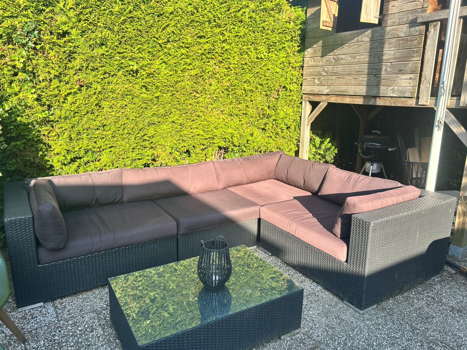 Zwarte Wicker Loungeset met Glazen Bijzettafel, Ophalen, 5 zitplaatsen, Gebruikt, Loungeset