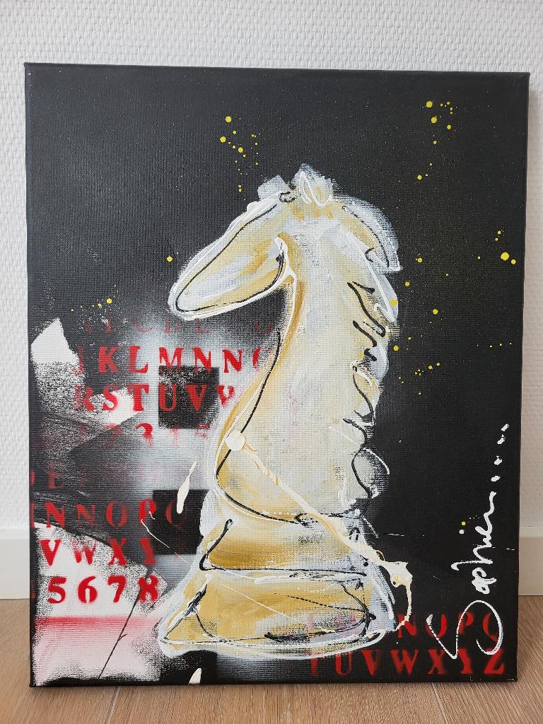 Olieverf schilderij van schaakstuk 'Paard', 50 x 40 cm, Antiek en Kunst, Kunst | Schilderijen | Klassiek, Ophalen